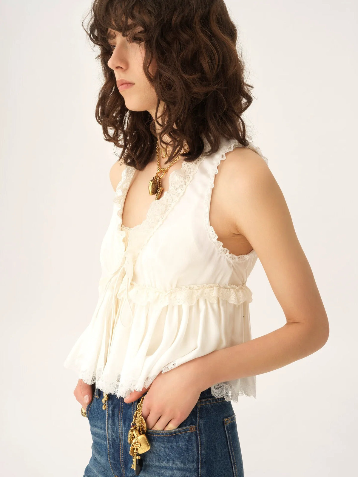 Tie-front sleeveless top in washed silk satin & lace