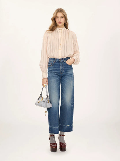 Gathered blouse in cotton & silk poplin