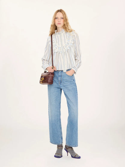 Ruffled blouse in silk jacquard & lace