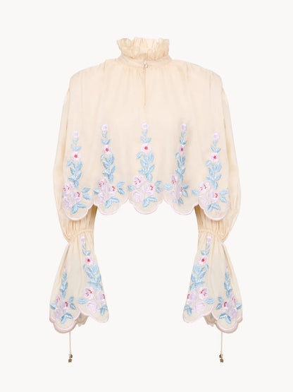 High-neck puff-sleeve top in technical taffeta