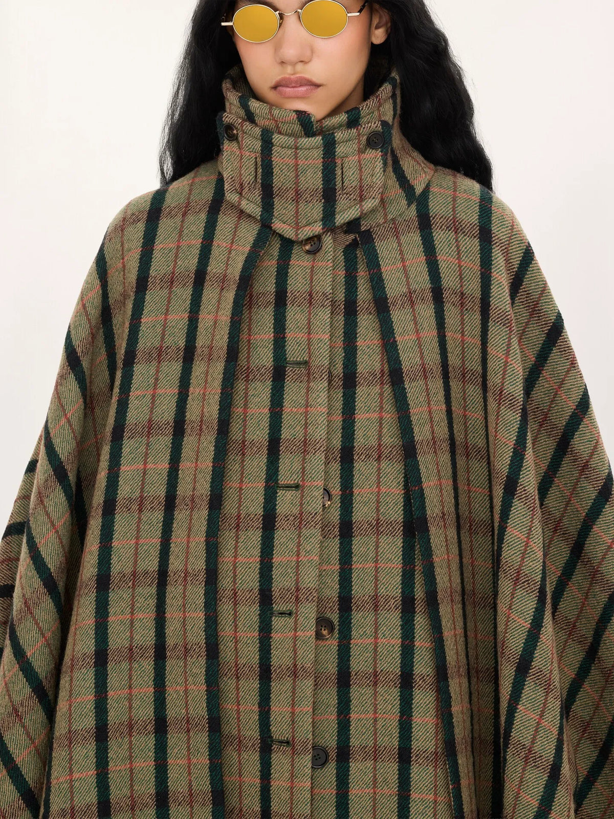 Layered long cape coat in brushed check wool