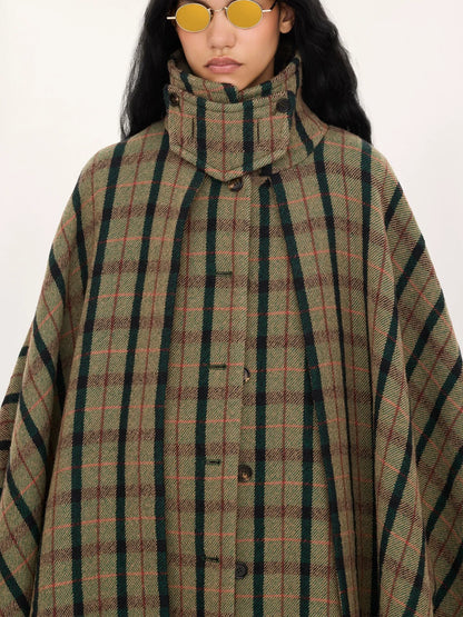 Layered long cape coat in brushed check wool
