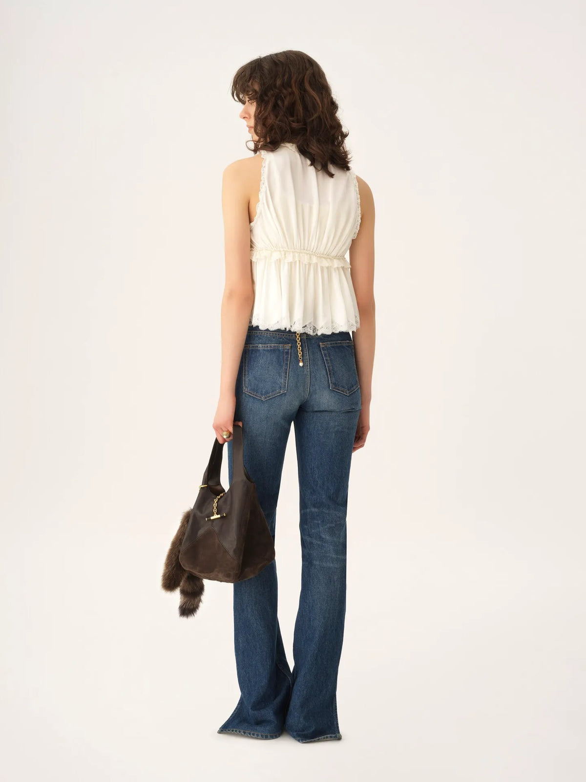 Tie-front sleeveless top in washed silk satin & lace
