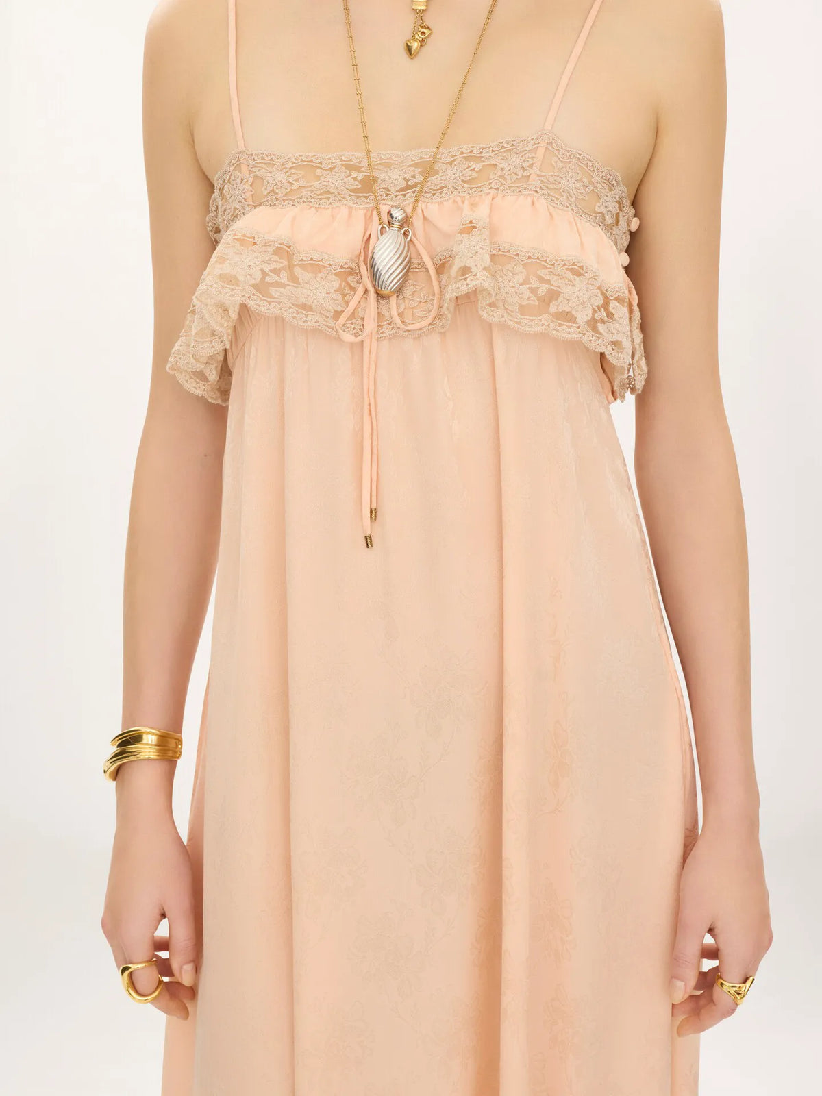 Thin-strap long dress in silk jacquard & lace