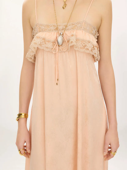 Thin-strap long dress in silk jacquard & lace