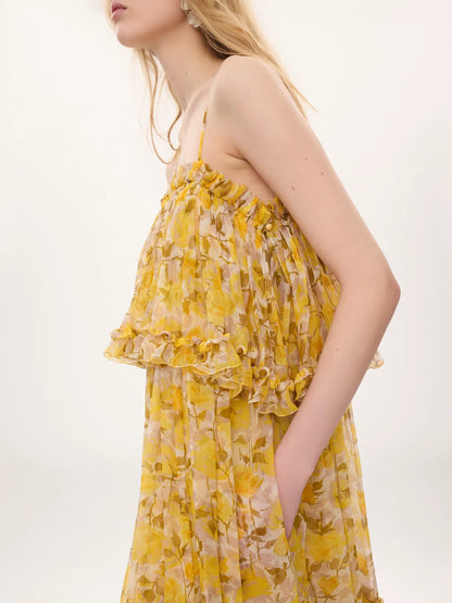 Thin-strap long dress in silk mousseline