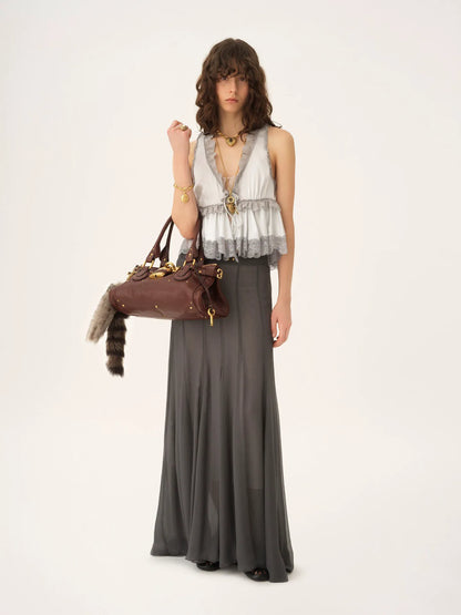 Tie-front sleeveless top in washed silk satin & lace