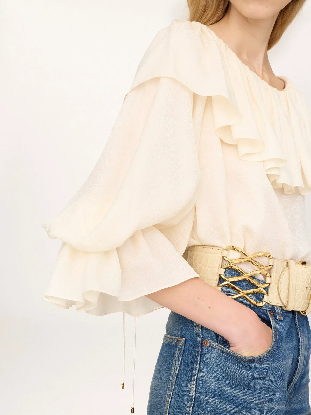Fluid ruffle top in silk jacquard