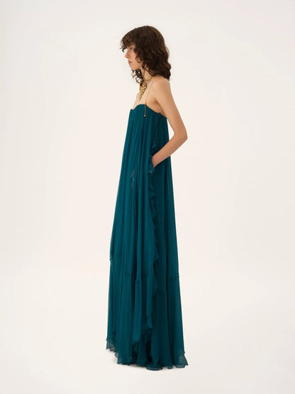 Sleeveless long dress in silk mousseline
