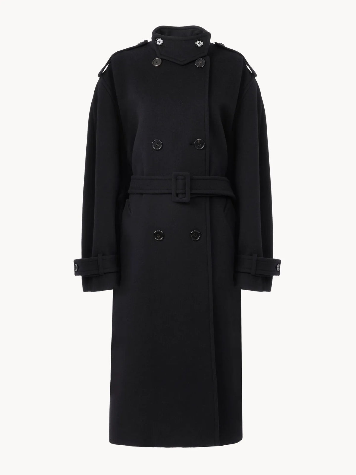 High-neck long coat in double-face wool