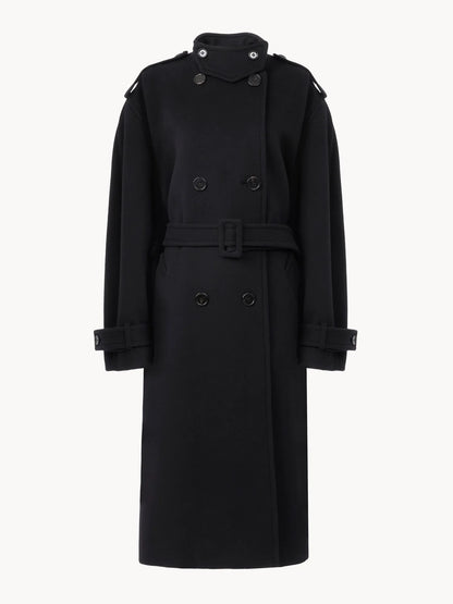 High-neck long coat in double-face wool