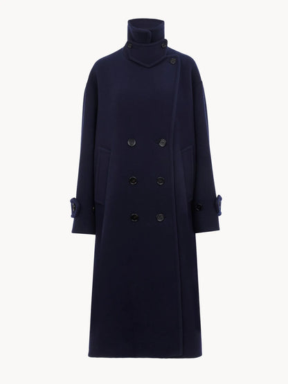 Double-breasted oversized long coat in wool
