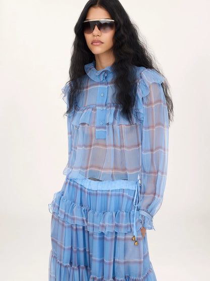 Ruffled top in check silk mousseline