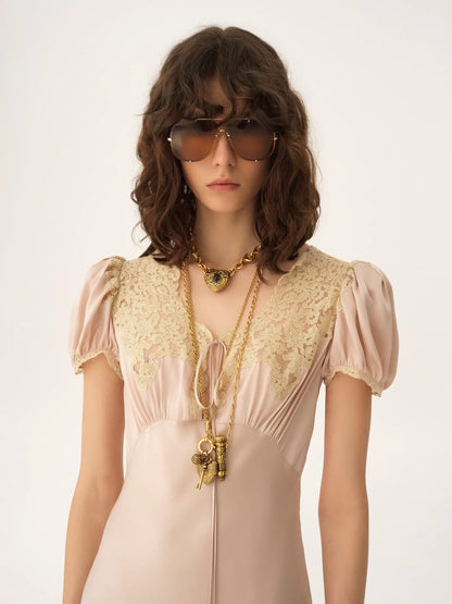 Puff-sleeve column dress in washed silk satin & lace