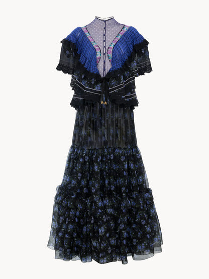 Ruffled long dress in silk mousseline & lace