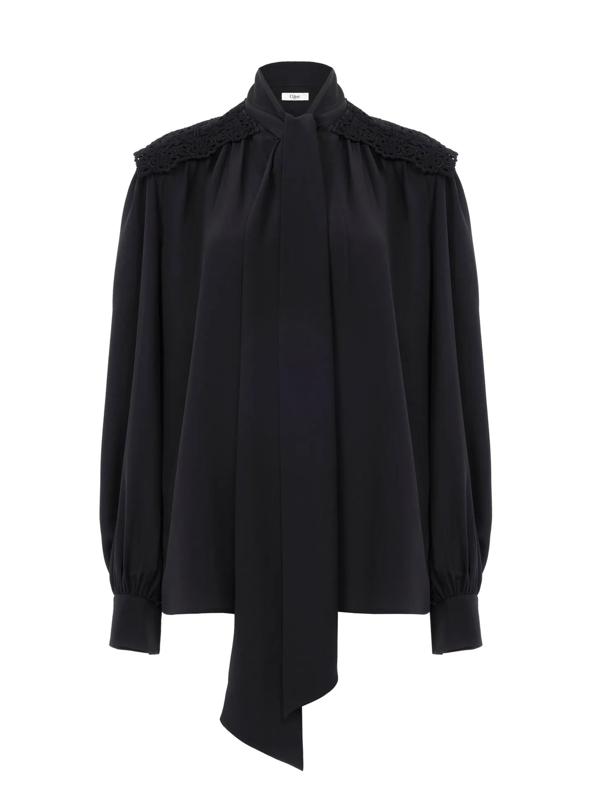 Gathered scarf-tie blouse in crêpe de chine & lace