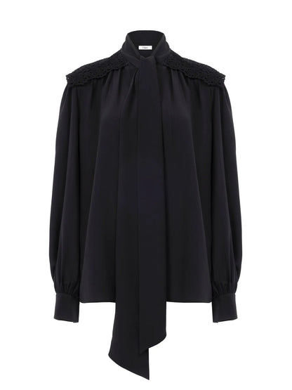 Gathered scarf-tie blouse in crêpe de chine & lace