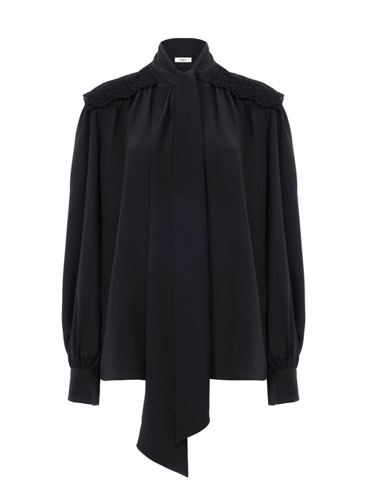 Gathered scarf-tie blouse in crêpe de chine & lace