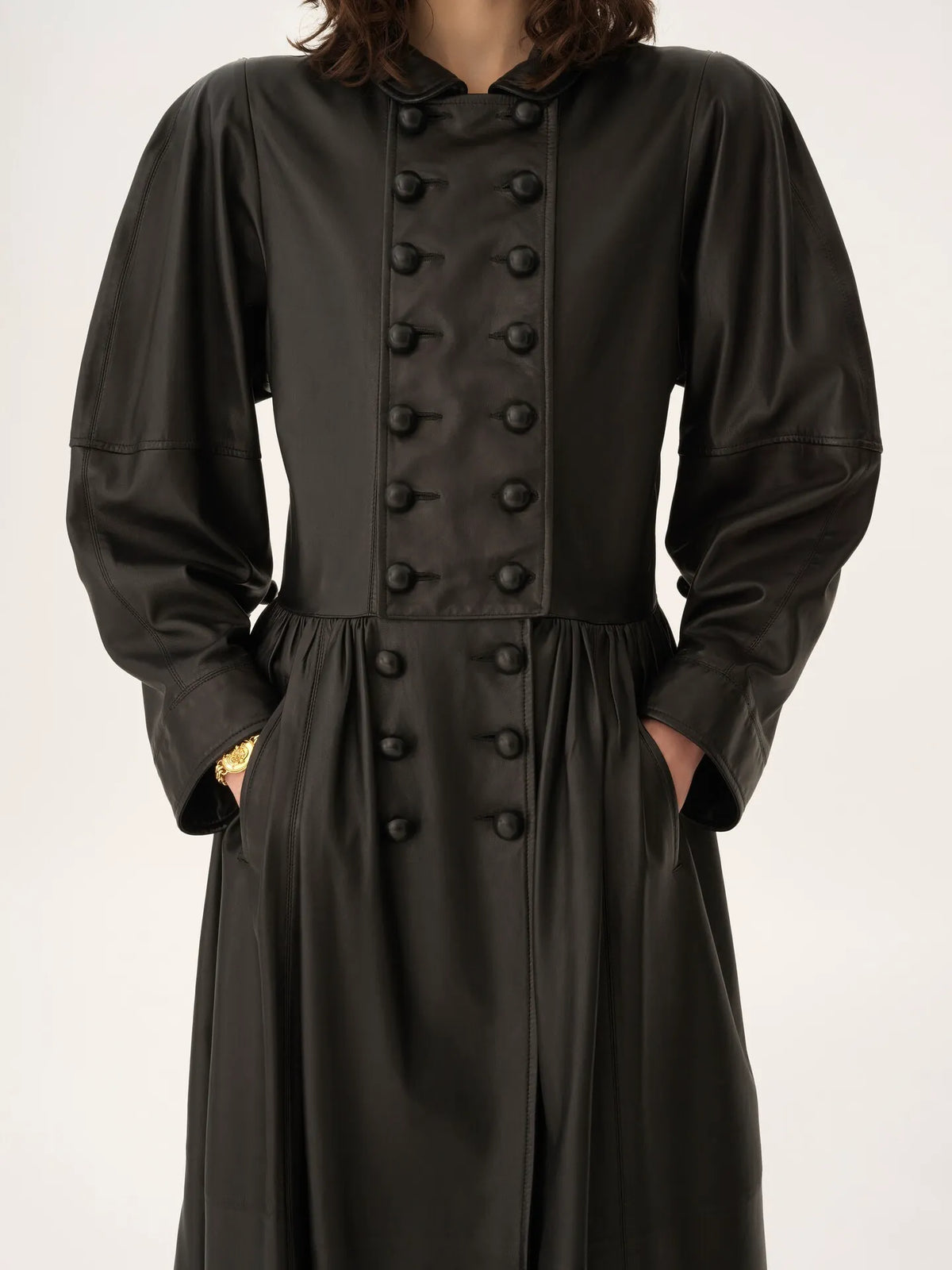 Oversized long riding coat in leather