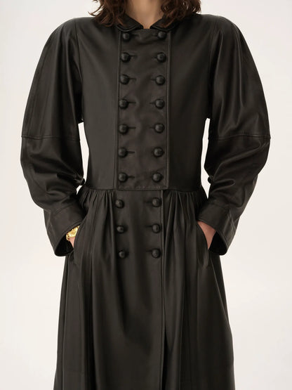 Oversized long riding coat in leather