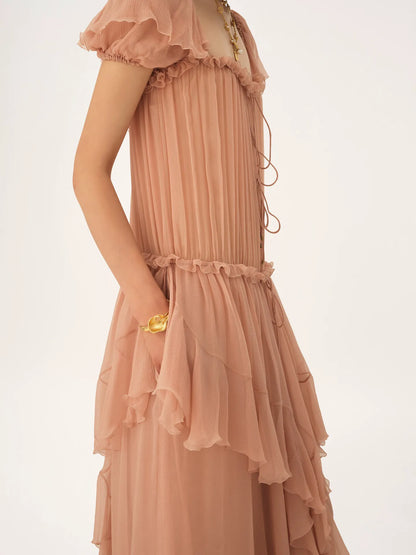 Gathered long ruffled dress in silk mousseline