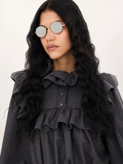 High-neck ruffle top in wool & cashmere flannel