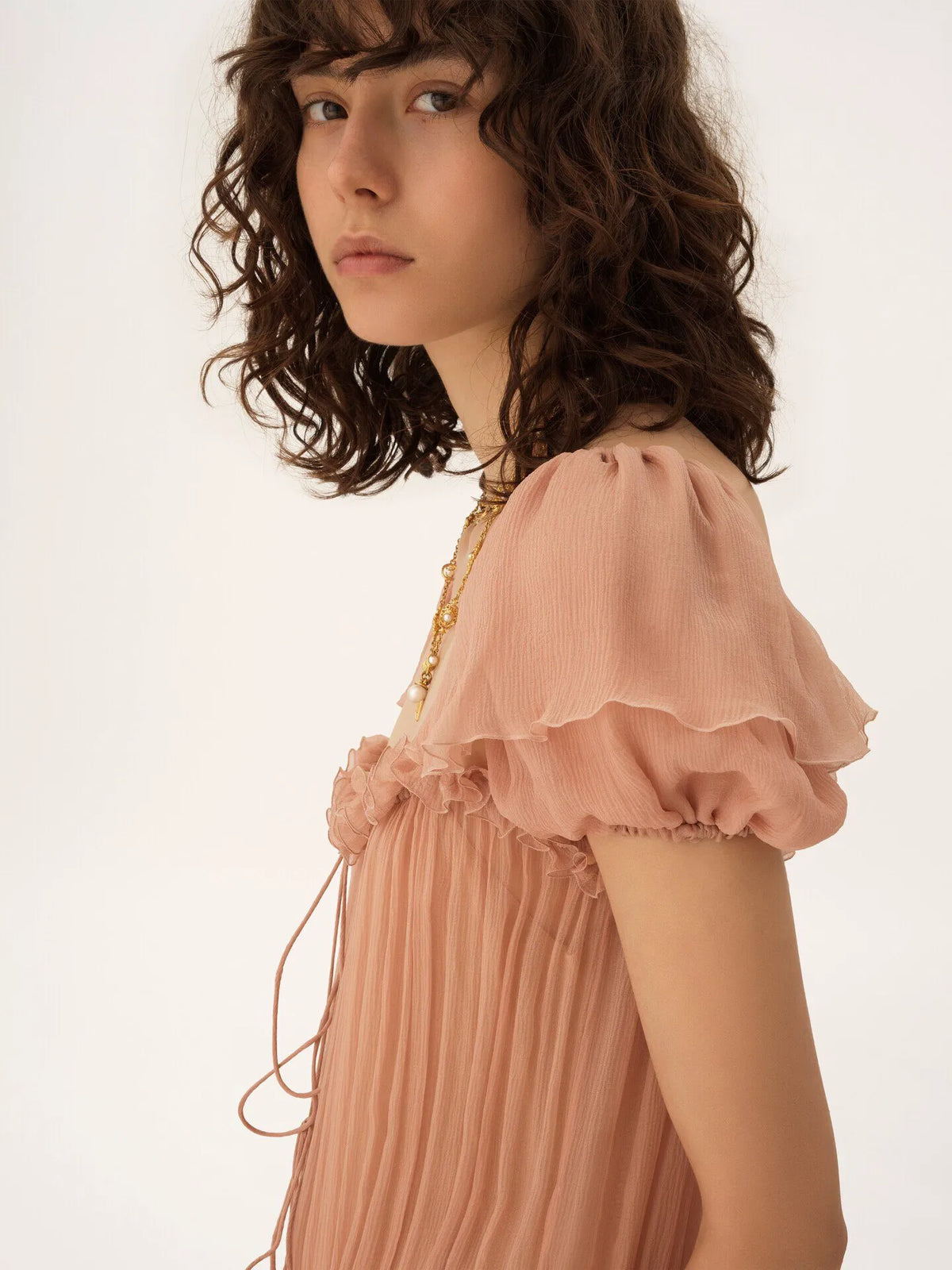 Gathered long ruffled dress in silk mousseline