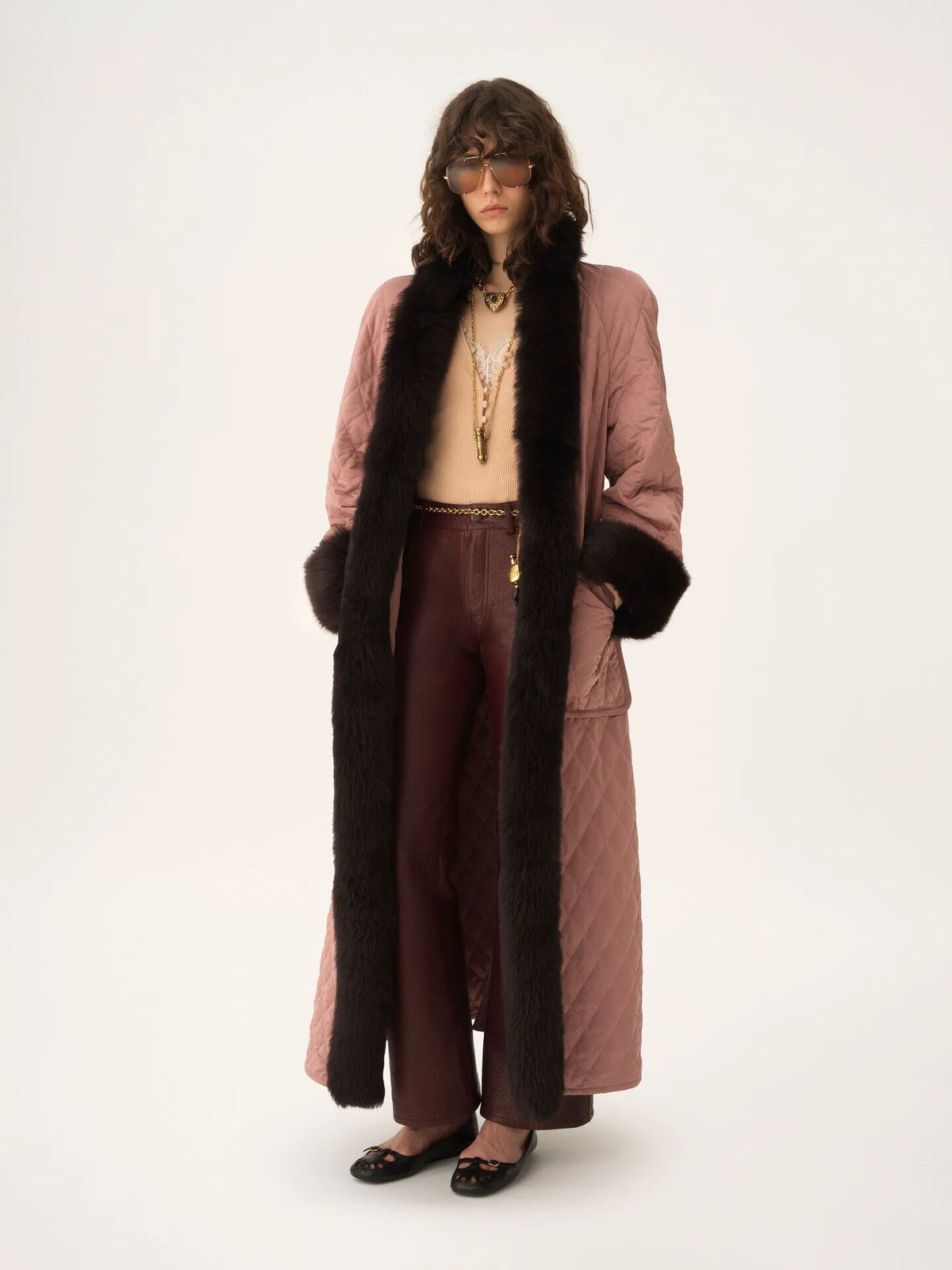 Long hybrid coat in technical satin