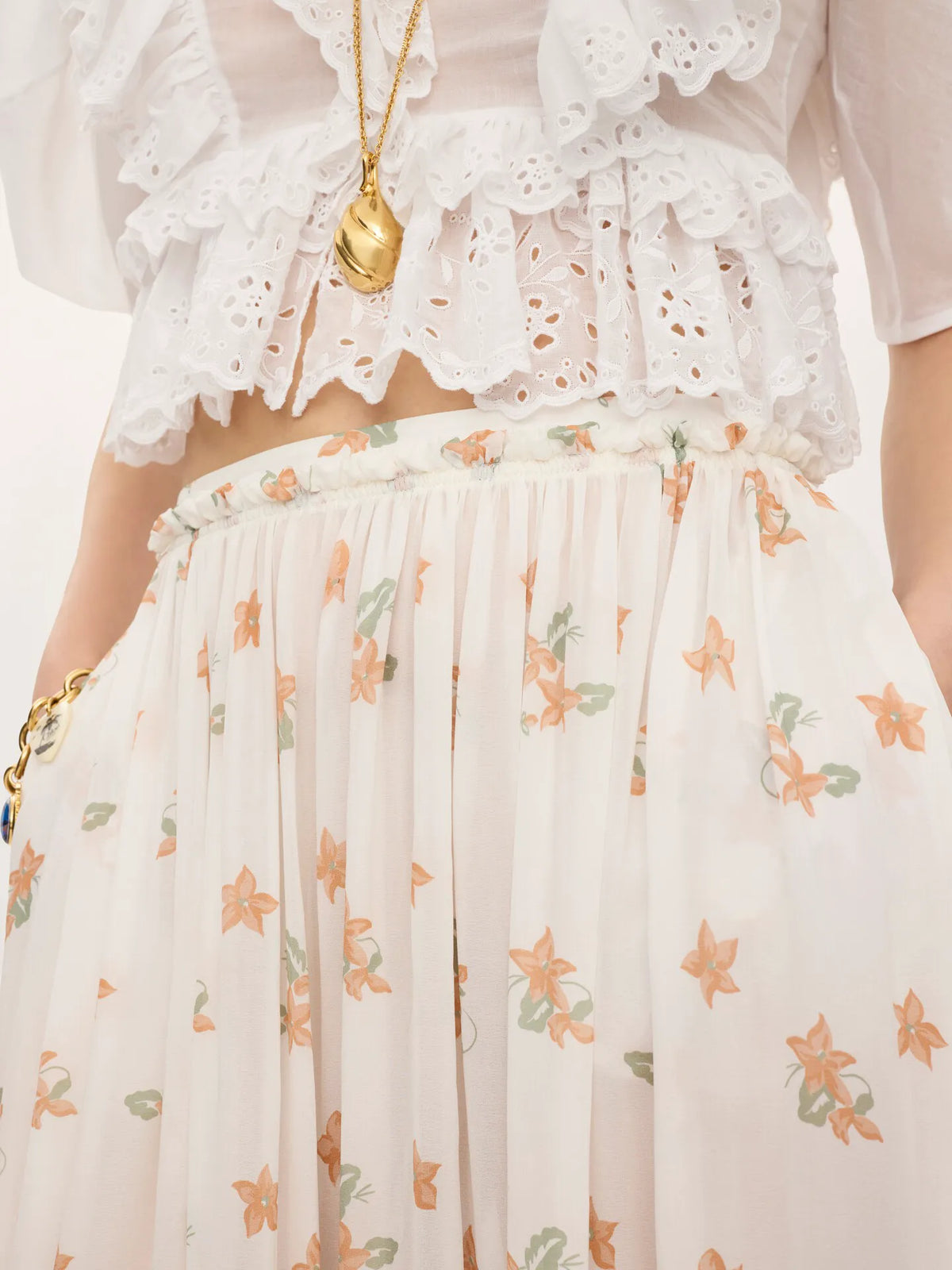 Gathered long skirt in silk charmeuse