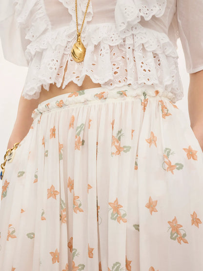Gathered long skirt in silk charmeuse