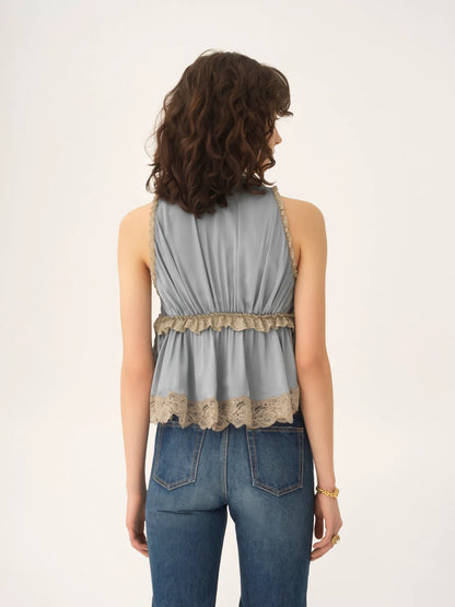 Tie-front sleeveless top in washed silk satin & lace