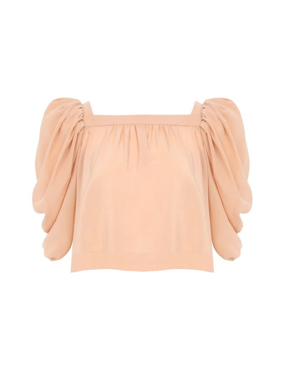 Puff-sleeve pleated top in crêpe de chine