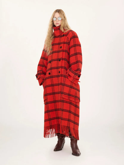 Double-breasted oversized long coat in check double-face wool & alpaca