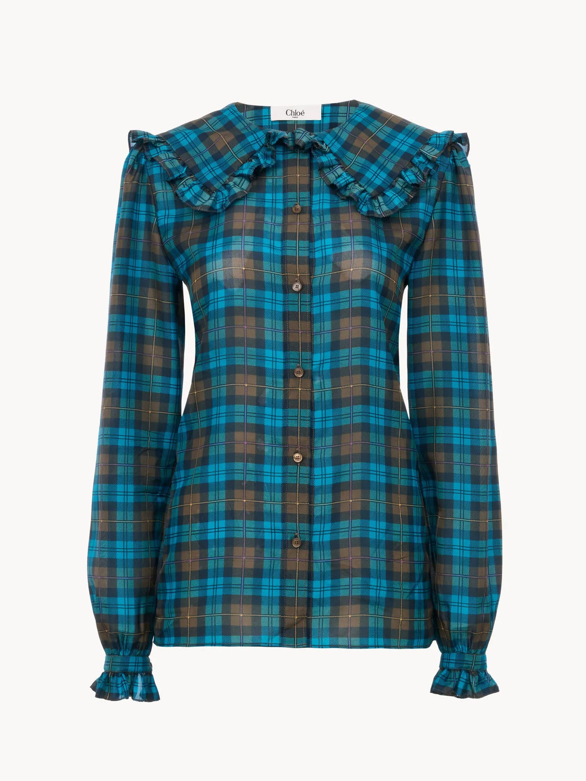 Ruffled lavallière blouse in check silk habotai