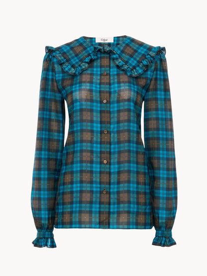 Ruffled lavallière blouse in check silk habotai