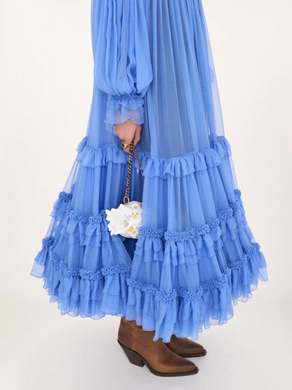 Off-the-shoulder long dress in silk mousseline