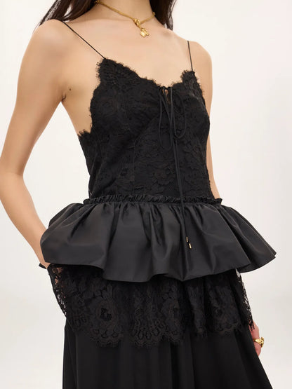 Thin-strap ruffle top in technical taffeta & lace