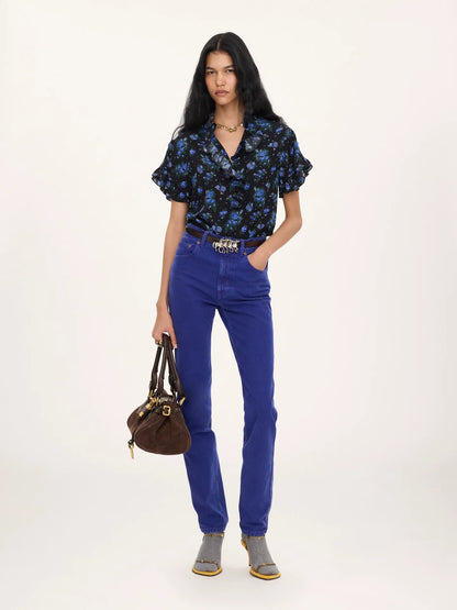 Short-sleeve ruffled top in crêpe de chine