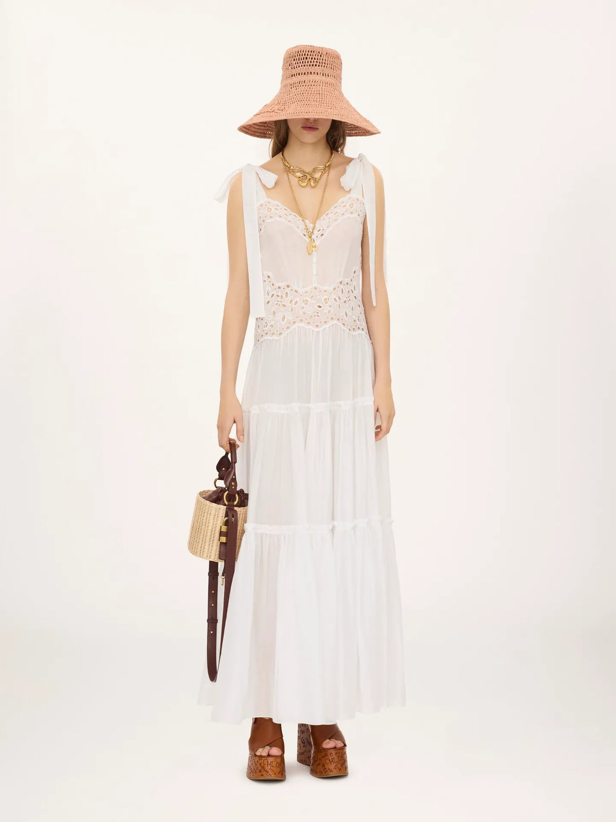 Tiered long dress in cotton voile