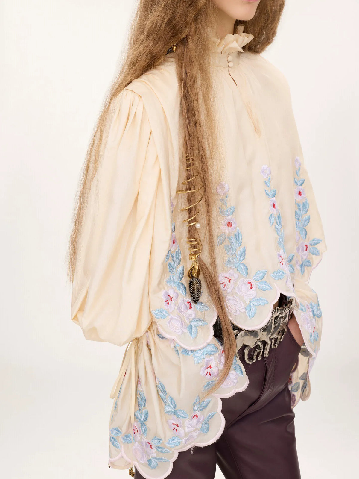 High-neck puff-sleeve top in technical taffeta