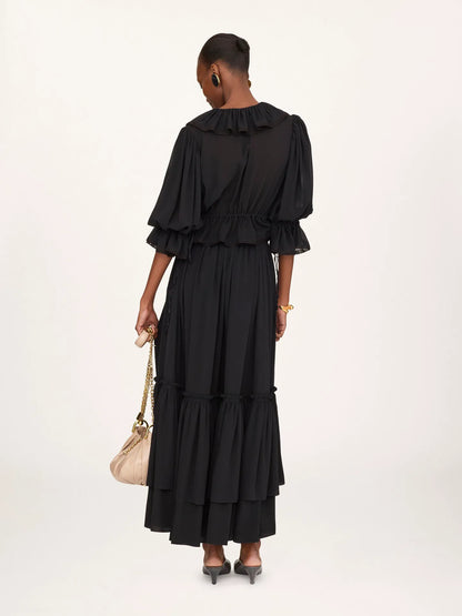 Ruffled long skirt in crêpe de chine