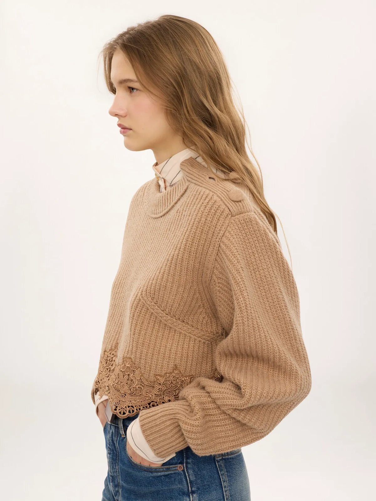 Cropped mock-neck sweater in a wool and cashmere knit & lace