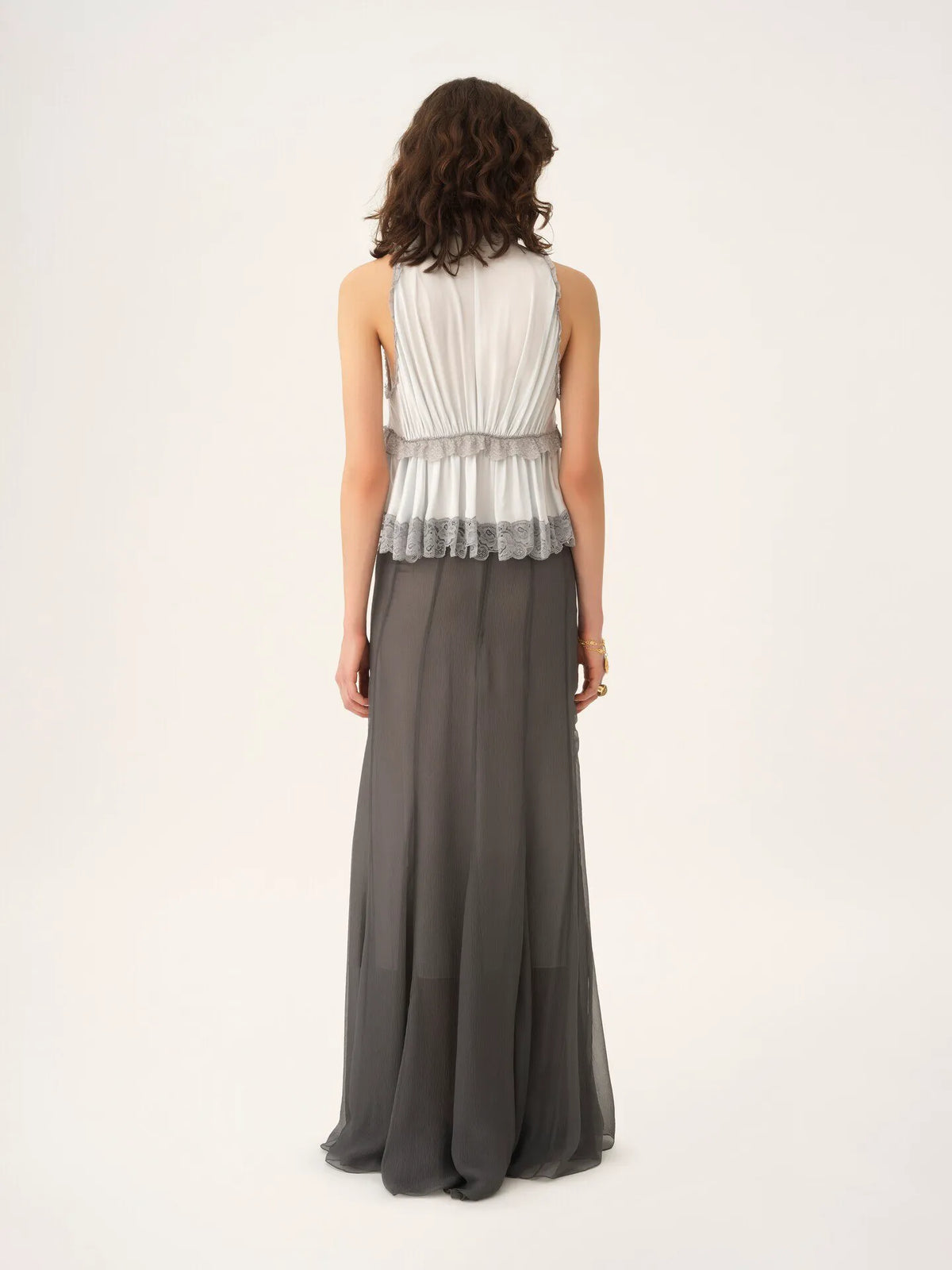 Tie-front sleeveless top in washed silk satin & lace