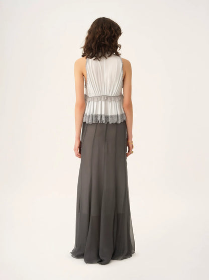 Tie-front sleeveless top in washed silk satin & lace