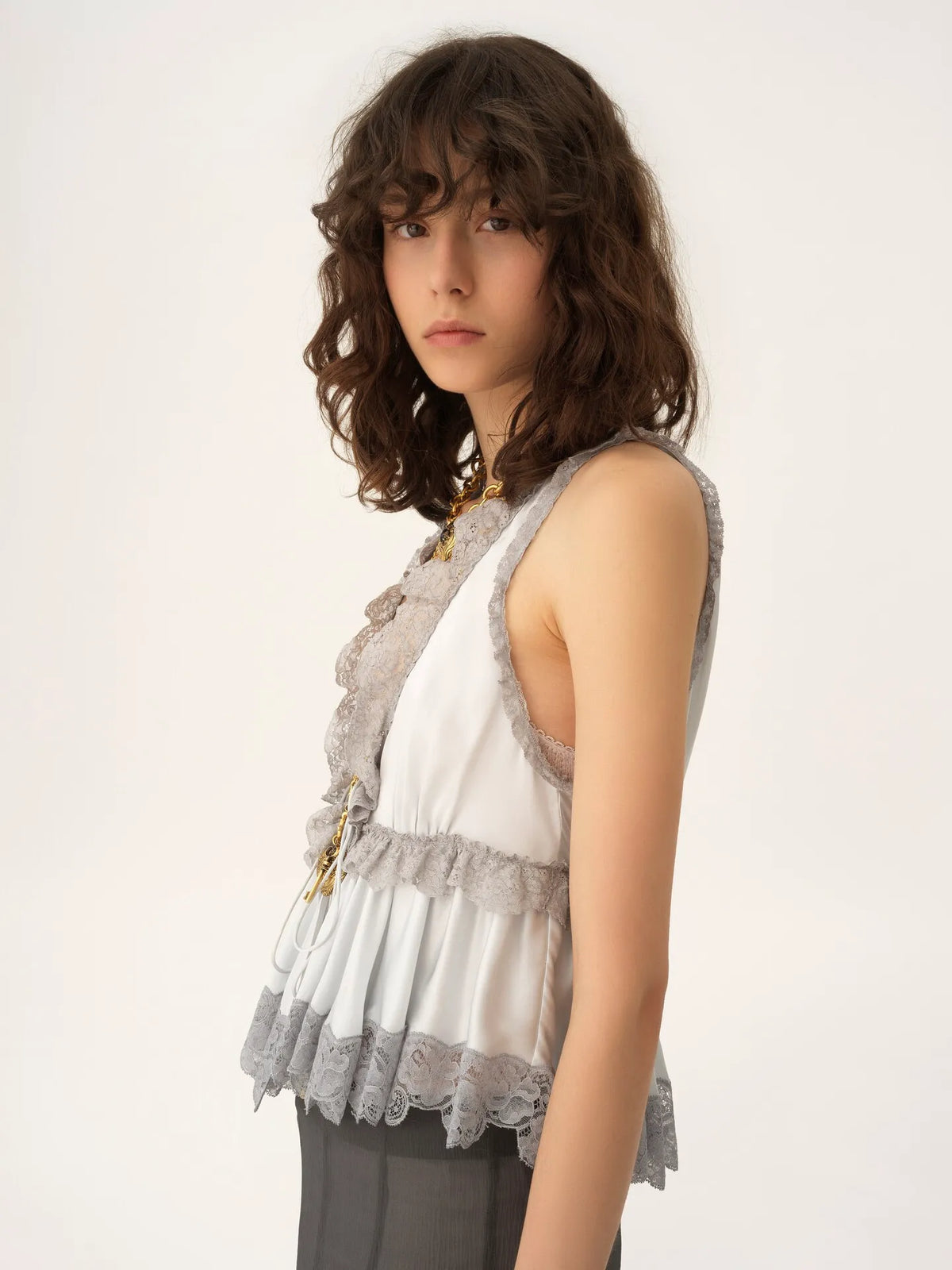 Tie-front sleeveless top in washed silk satin & lace