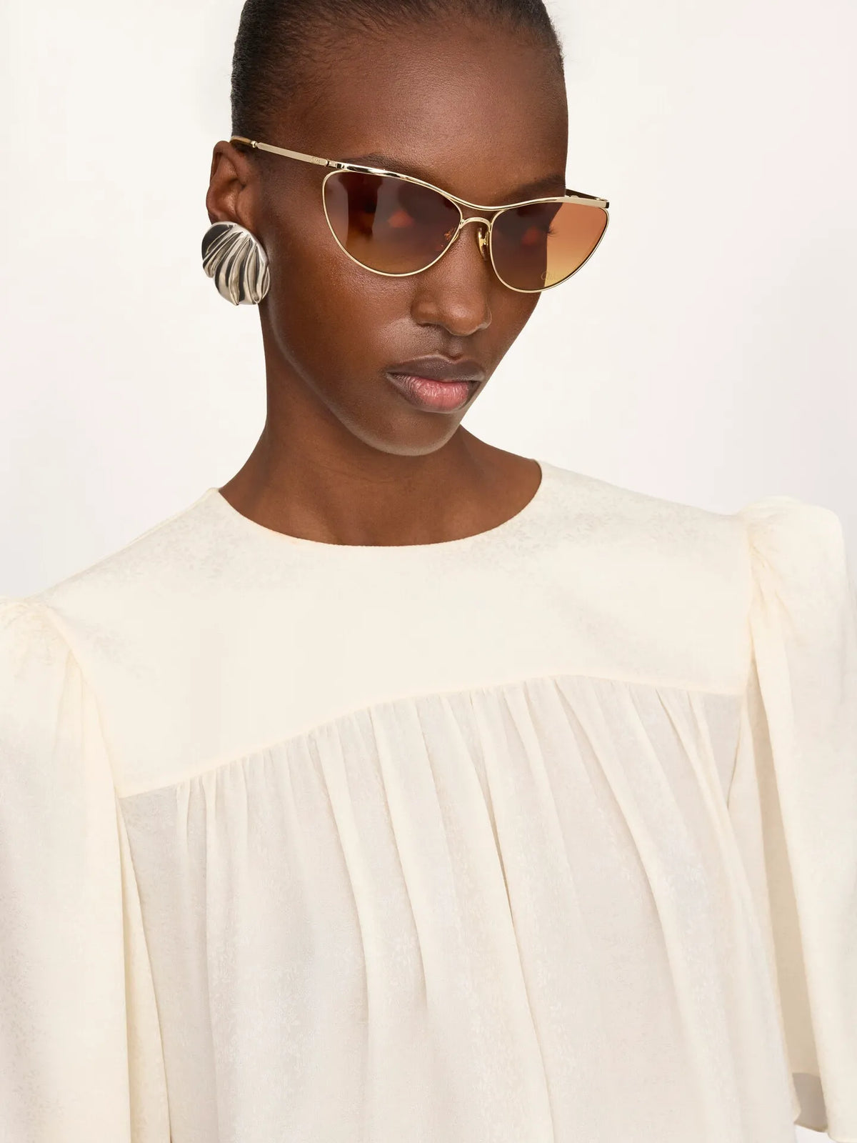 Crew-neck gathered top in silk jacquard