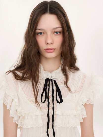 Tie-front ruffled long dress in silk mousseline & lace