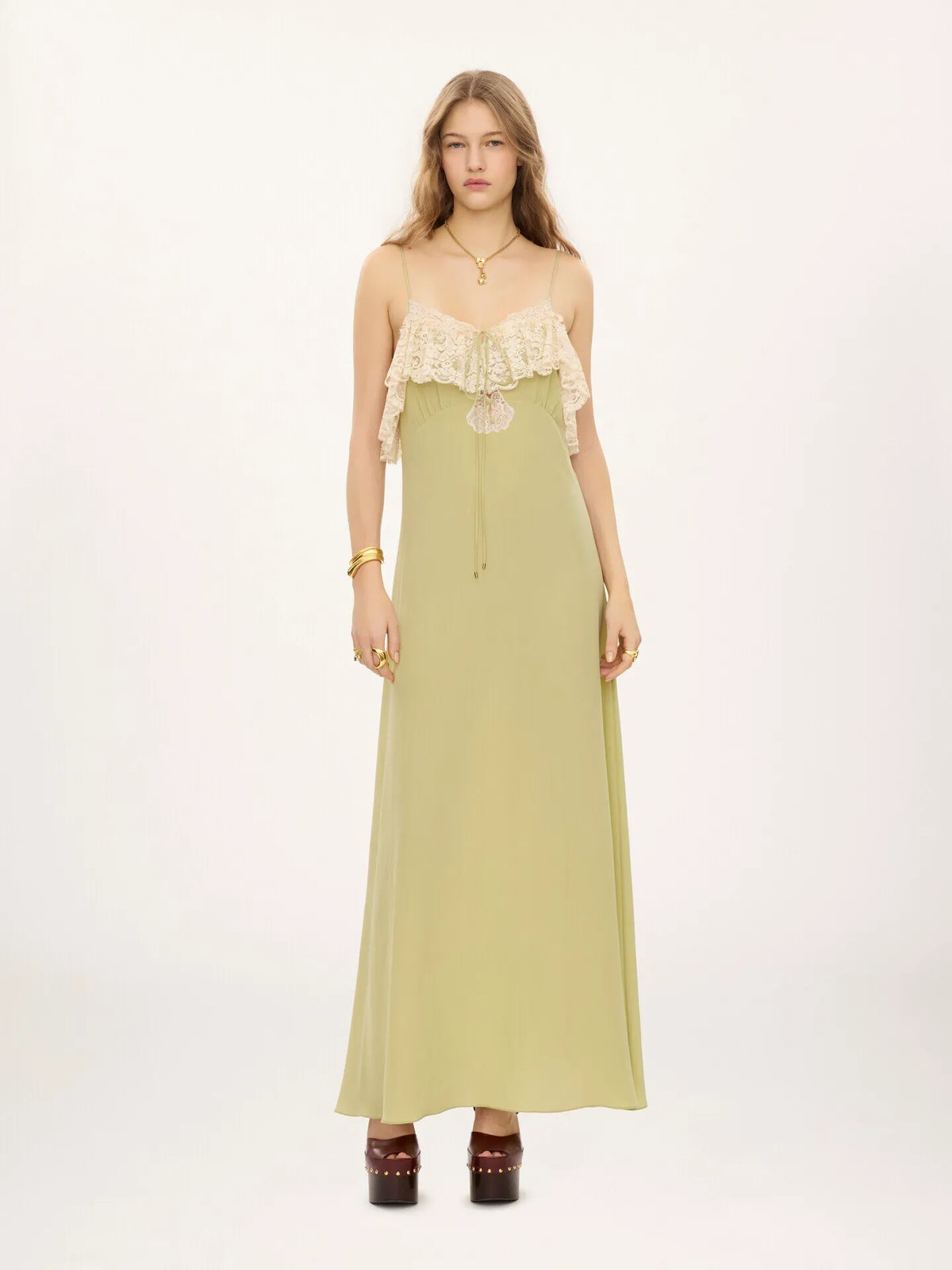 Thin-strap long dress in crêpe de chine & lace