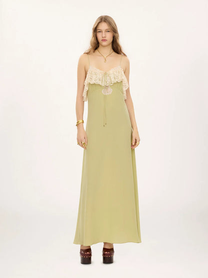 Thin-strap long dress in crêpe de chine & lace
