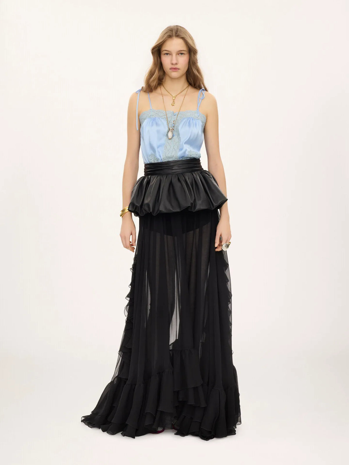 Ruffled long skirt in silk mousseline
